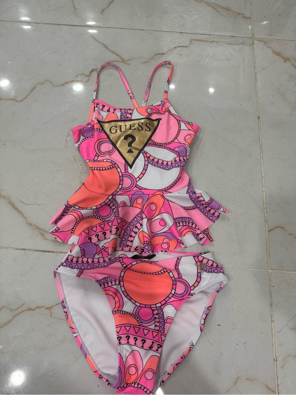 GUESS Girls' Pink & Orange Patterned Ruffle Two-Piece Swimsuit